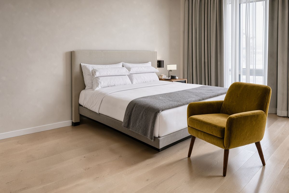 The same bedroom with the mustard armchair moved to the right in front of the window and empty floor on the left