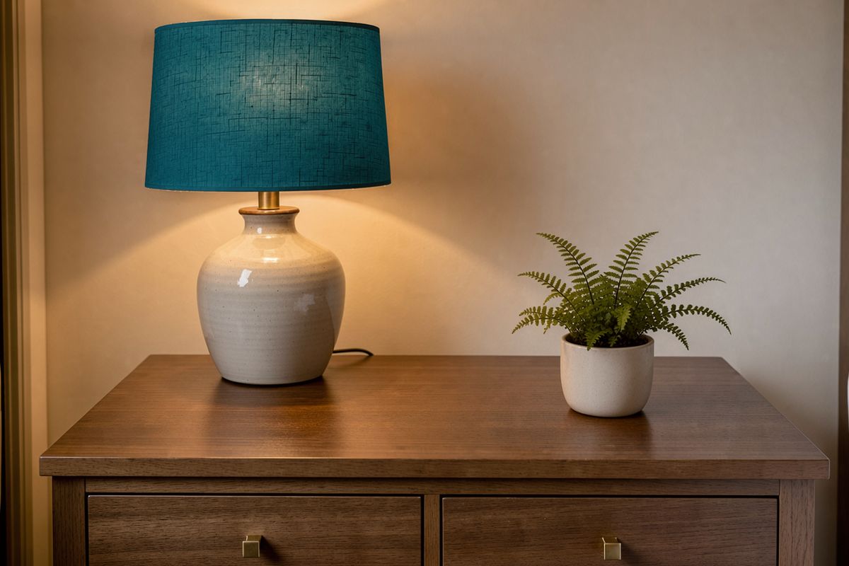 The same nightstand with a deep teal lamp shade and a potted fern in a white pot where the books were