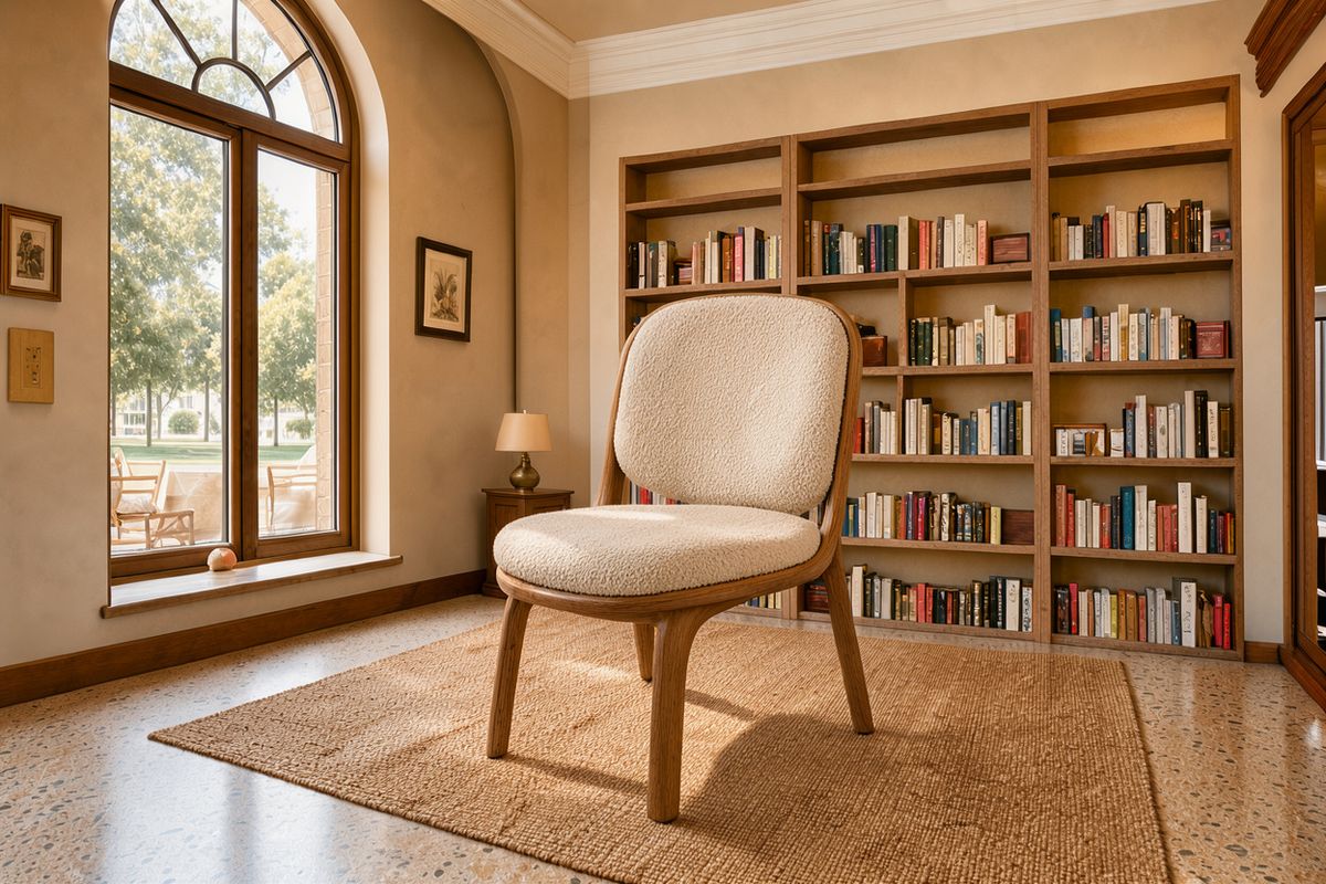 The bent oak lounge chair with cream boucle cushions standing on a jute rug in a hotel reading room with an arched window and tall bookshelves