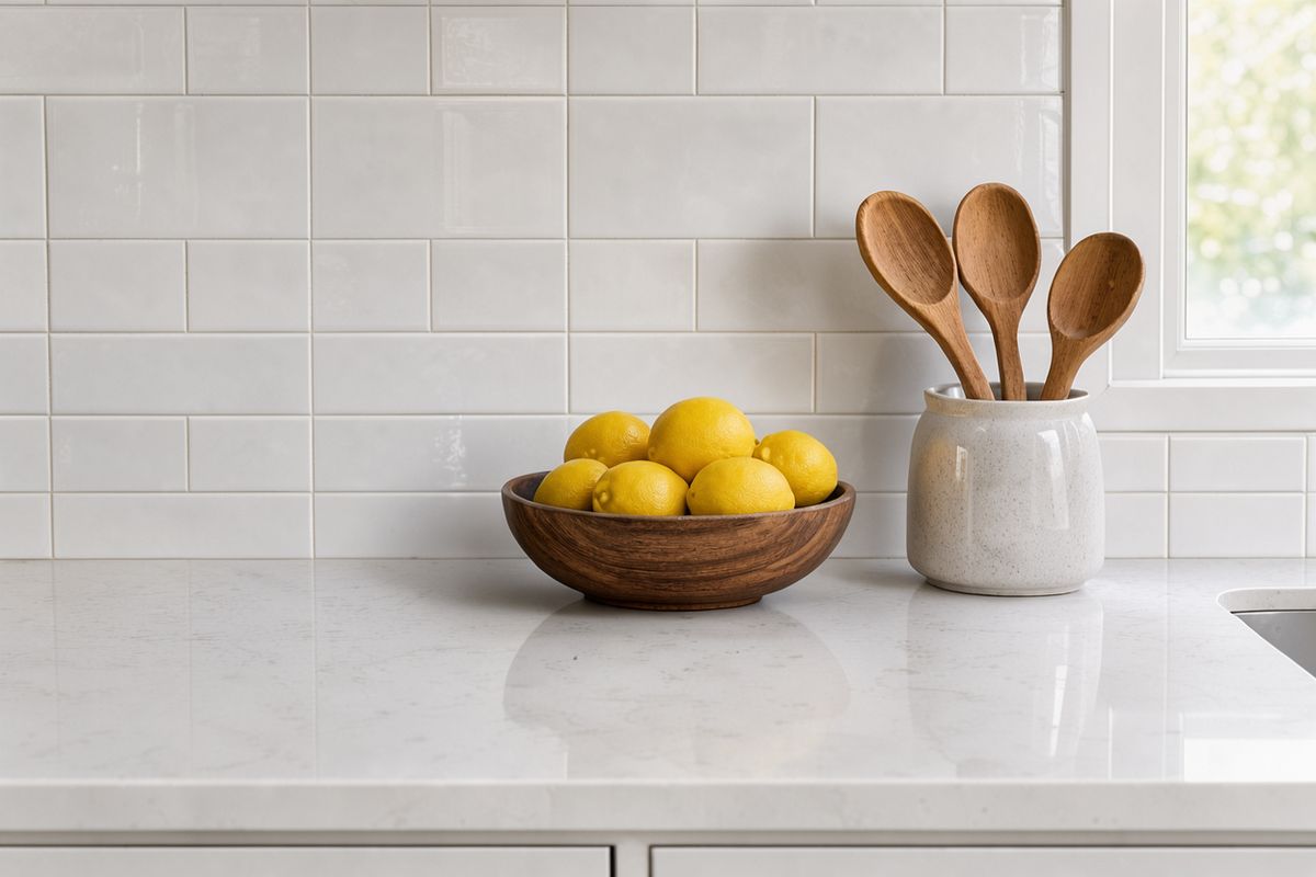 The same counter with the toaster gone and clean quartz and tiles where it stood, the lemons and spoons unchanged