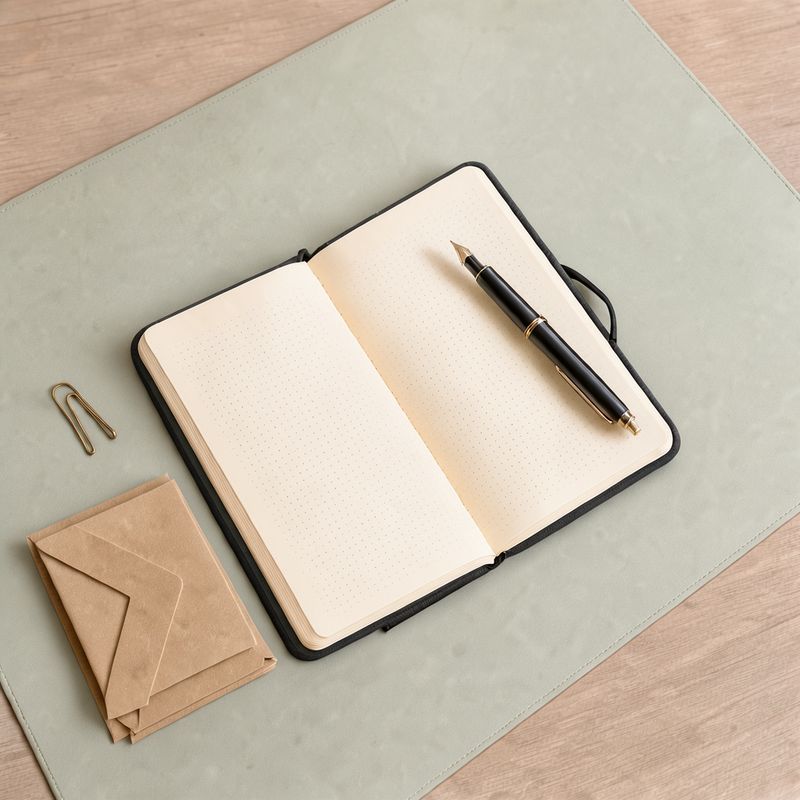 The same flat lay with the smartphone gone and plain desk mat in its place, the notebook, pen, envelopes and paper clip unchanged