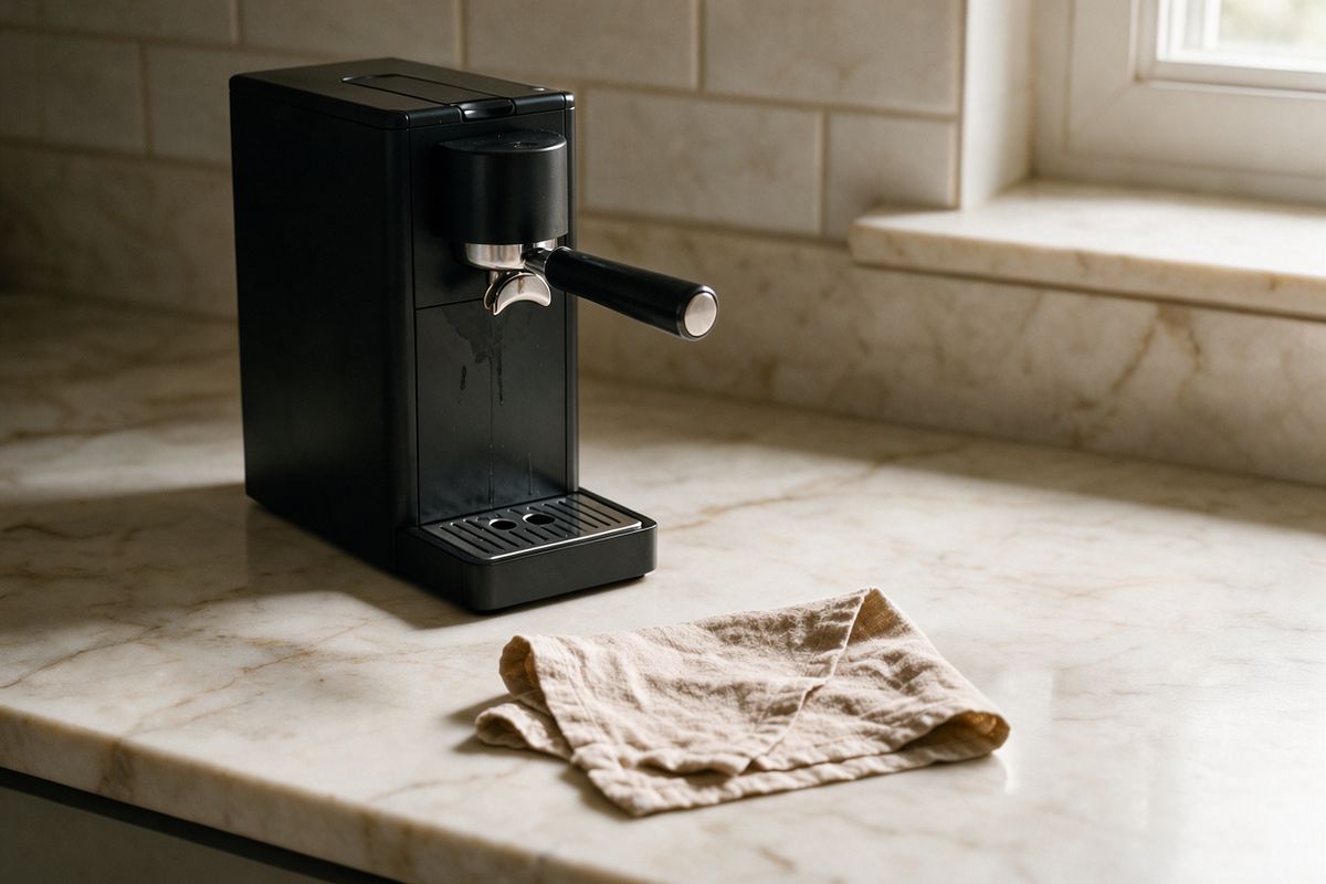 The same counter with the glass of water gone and clean marble where it stood