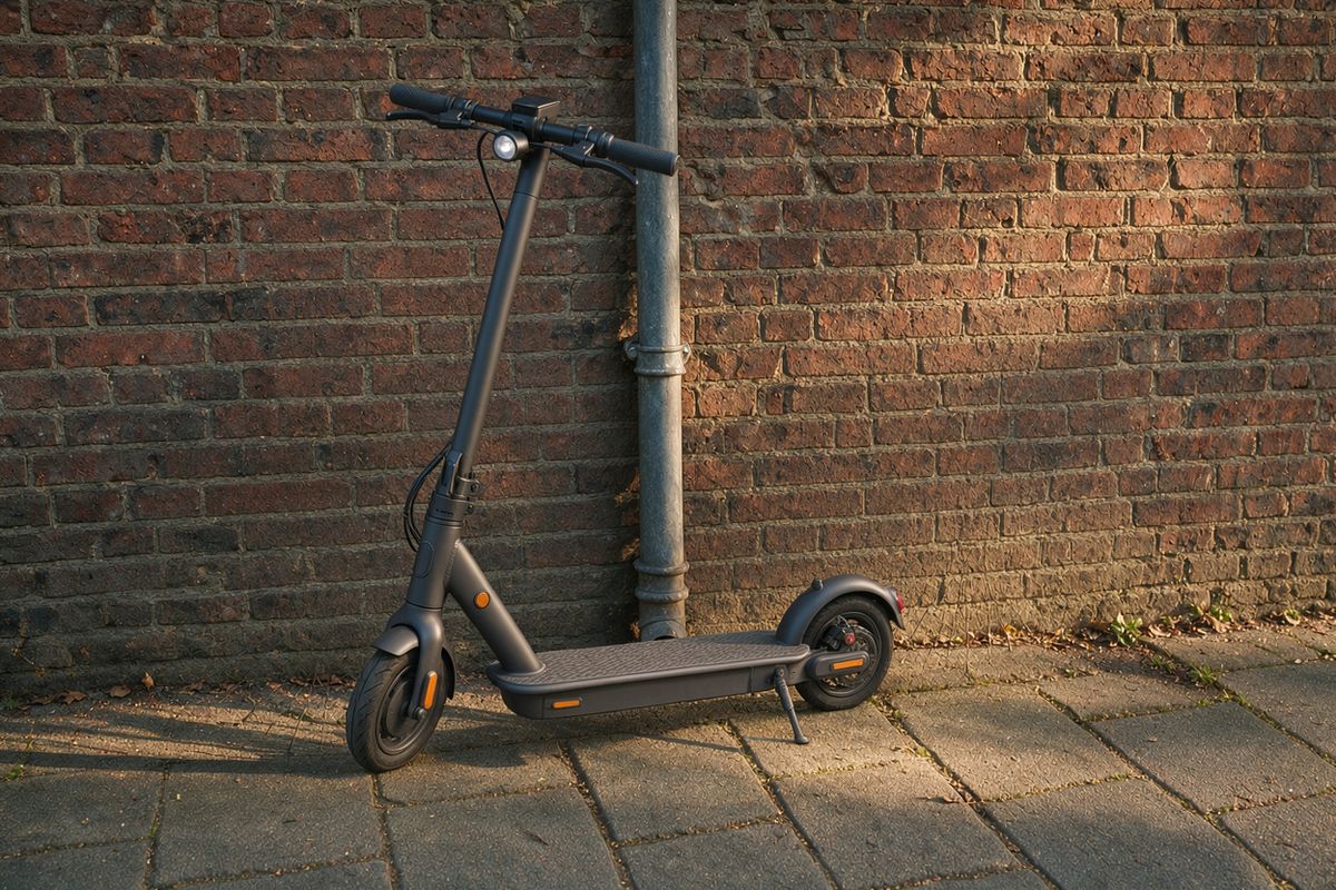 A charcoal gray electric scooter standing in front of the same brick wall and drainpipe, in the same part of the frame