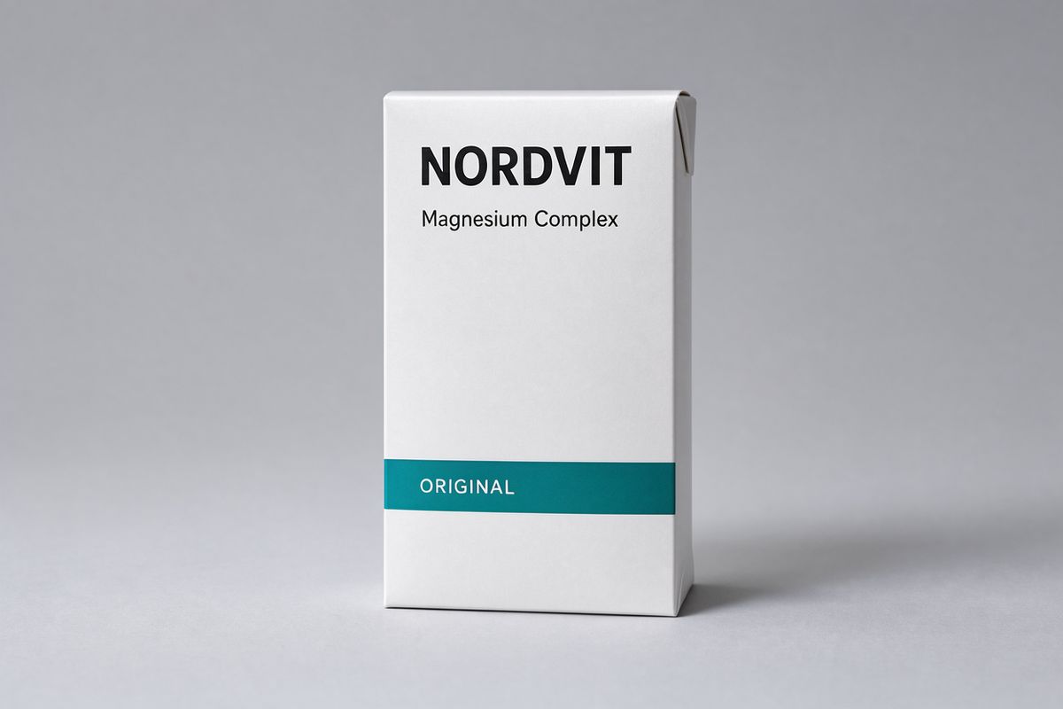 A white supplement carton reading NORDVIT, Magnesium Complex, and ORIGINAL on a teal band