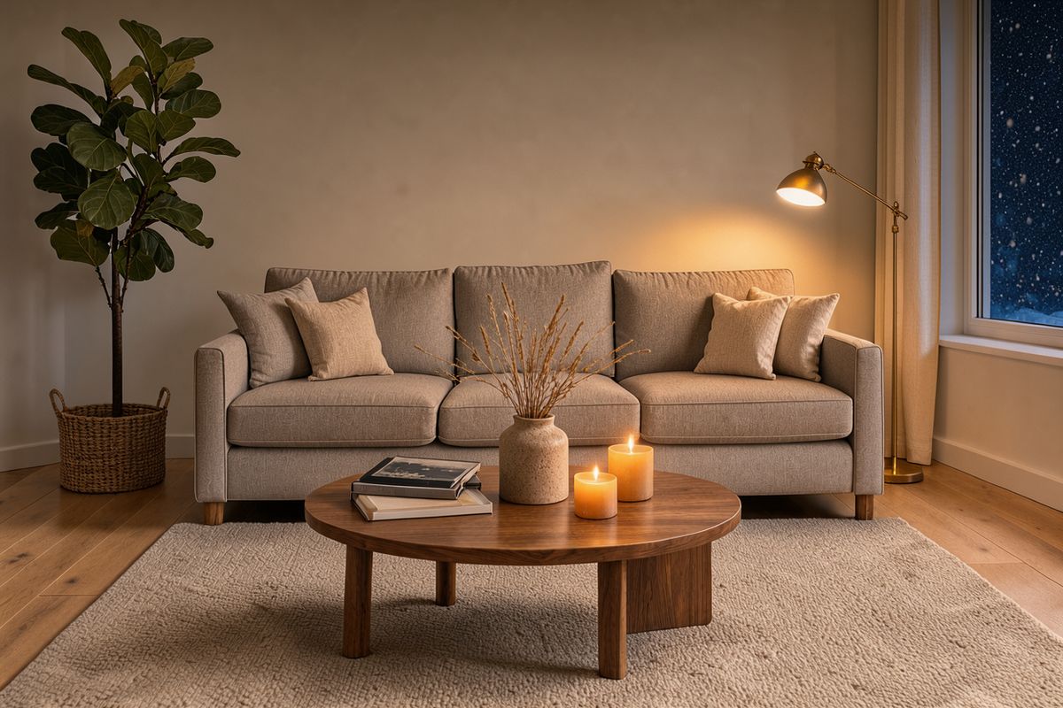 The same living room at night lit by a brass floor lamp and three candles, with snow falling outside the window