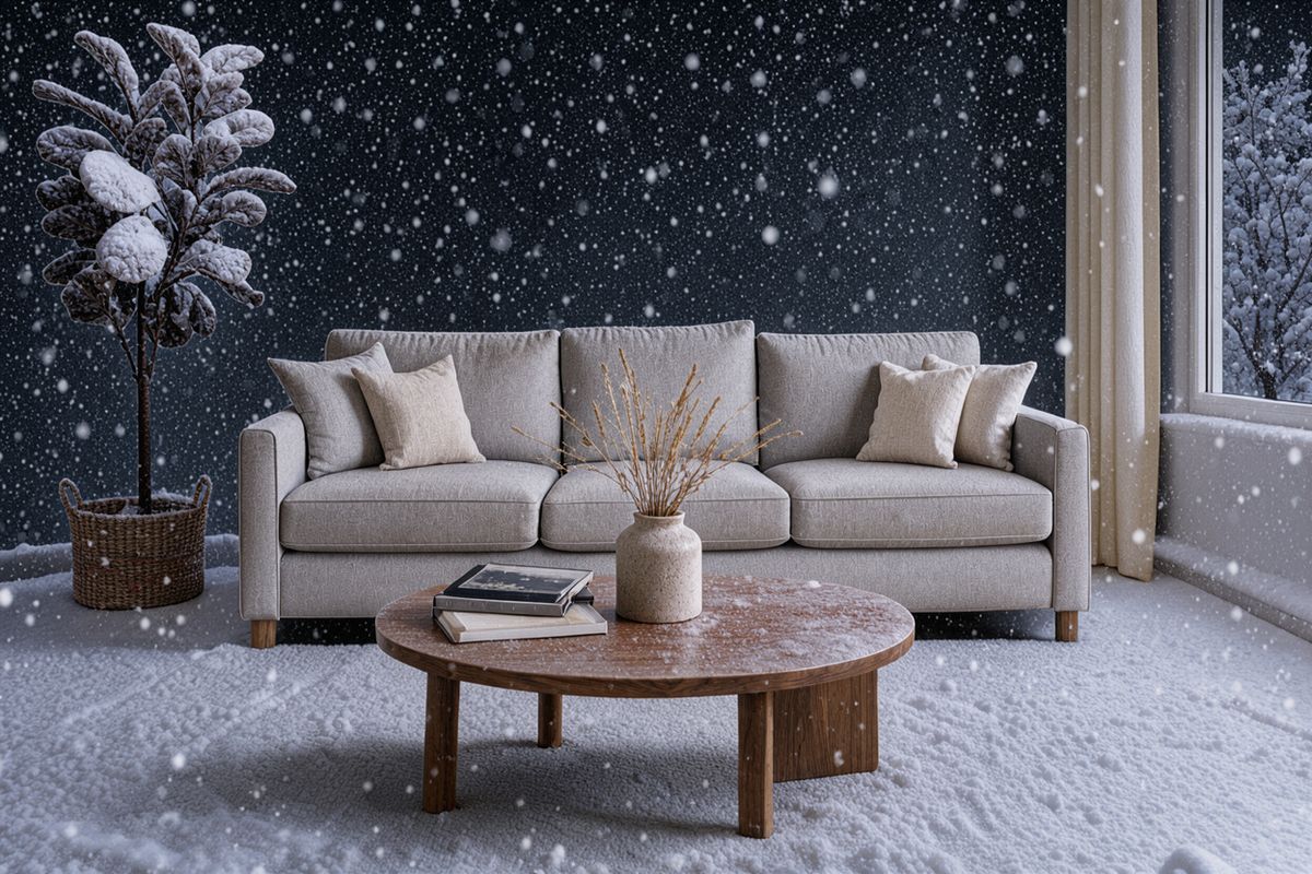The same living room with snow falling inside against a dark wall, the plant frosted white and the rug covered in snow
