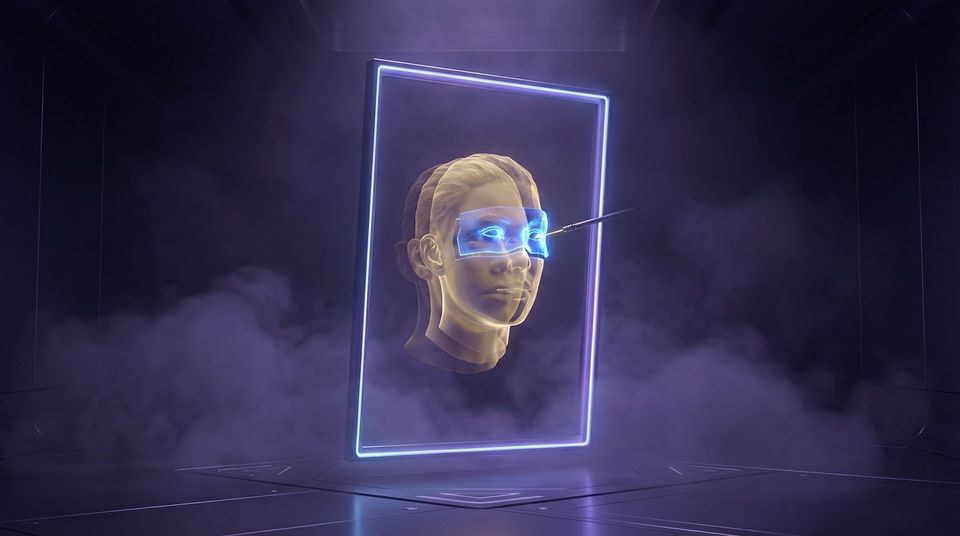 Floating luminous rectangular portal in a dark violet void chamber, portrait inside with a selected region glowing in blue