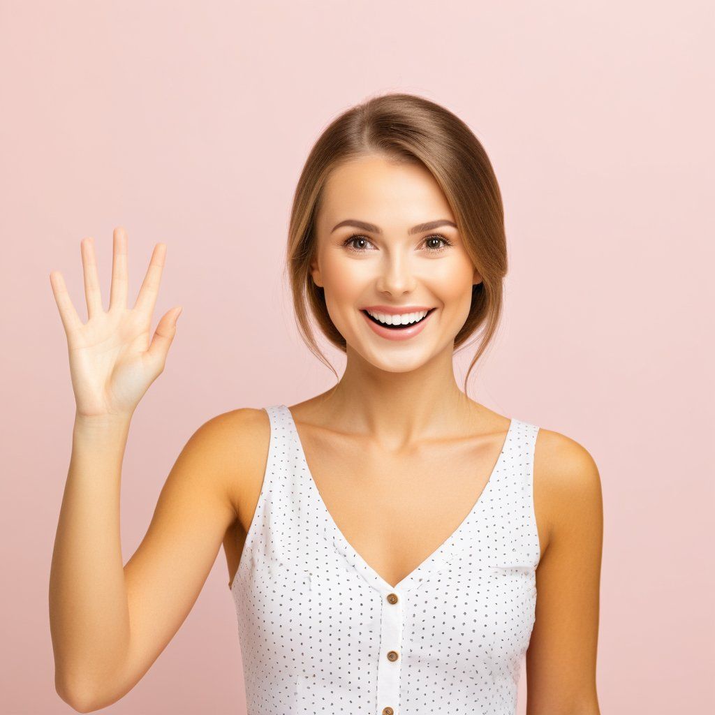 A generated image of a woman waving hello with improved hand details