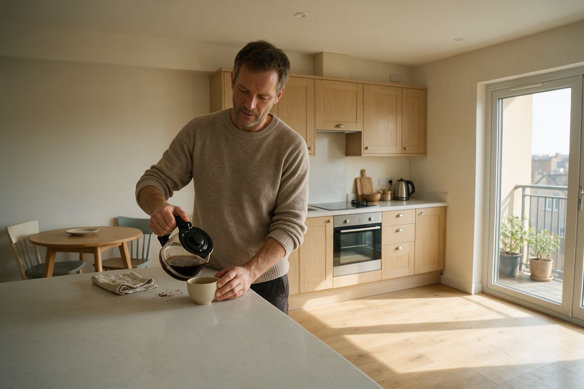 A man pouring coffee at a kitchen island in an open-plan apartment, with morning sun crossing the floor and a balcony door behind him