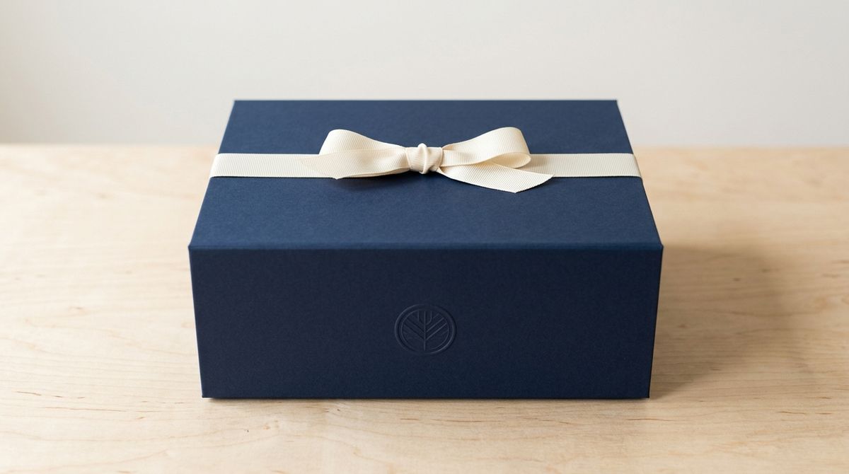 A closed matte navy gift box on a pale birch table with a cream grosgrain ribbon across the lid and a small blind-embossed seal