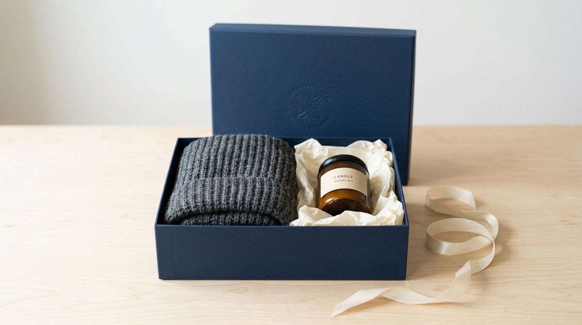 The same navy box from the same angle, now open with the lid behind it, the ribbon loose, and a folded charcoal scarf and amber candle in cream tissue inside