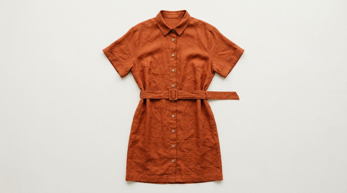 A rust-orange linen shirt dress laid flat and photographed straight on against a bone-white background, the belt across the waist and sleeves folded in