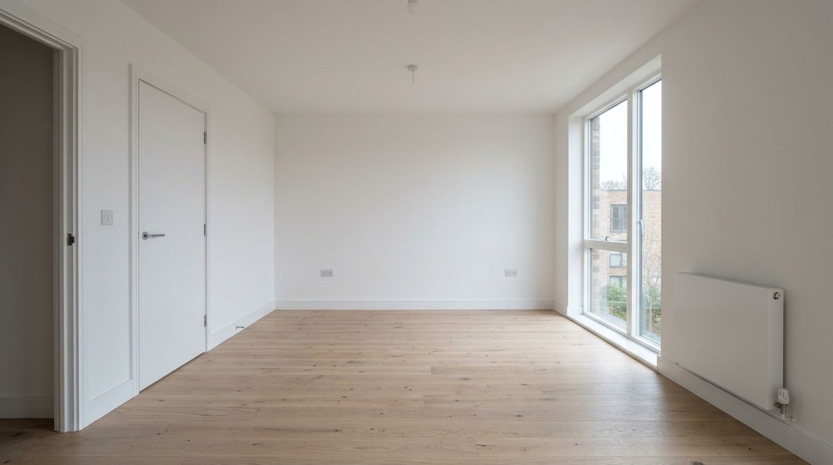 An empty unfurnished living room with bare pale oak floorboards, white walls, a tall curtainless window on the right and a closed white door on the left