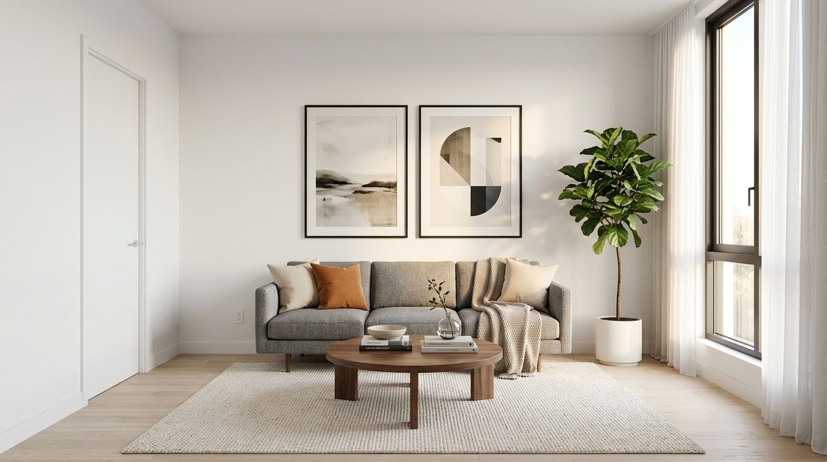 The same living room from the same doorway angle, furnished with a grey three-seat sofa, a cream rug, a walnut coffee table, a potted fig and two framed prints