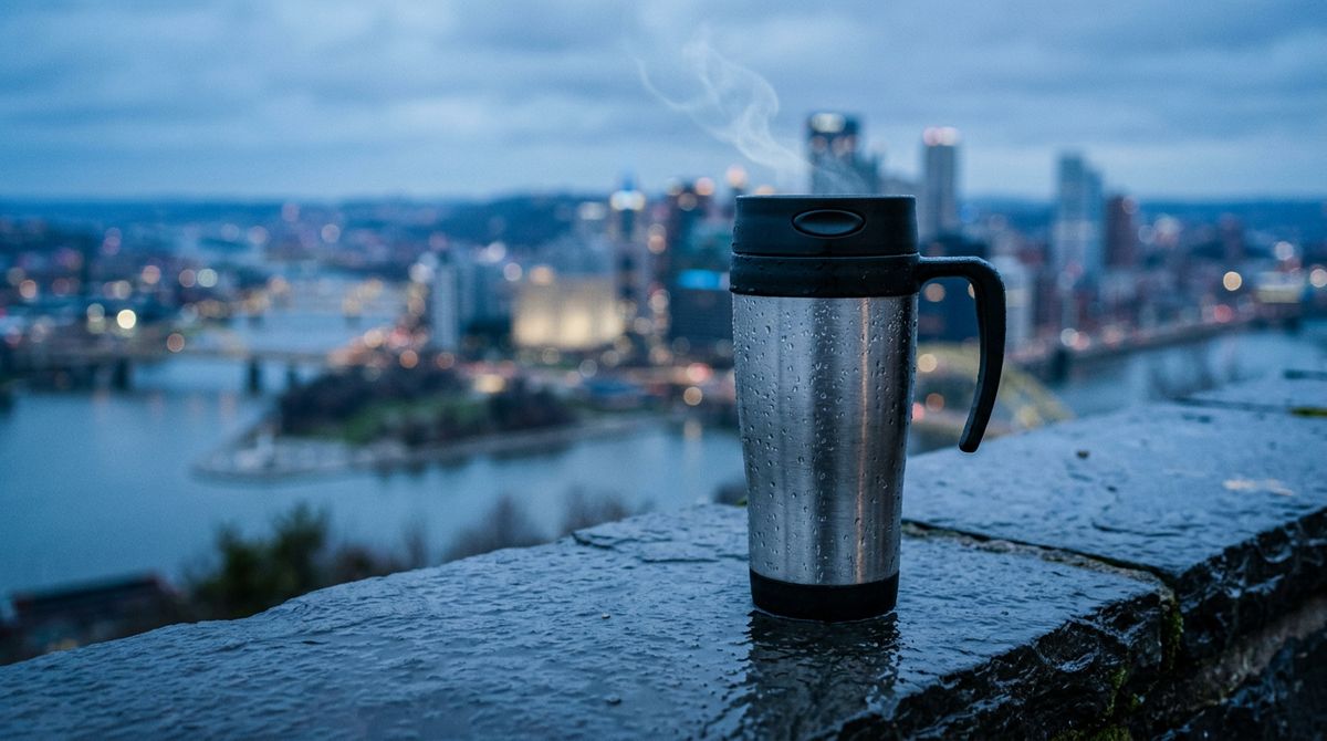 A stainless steel commuter travel mug on a wet dark stone ledge at dawn, rain beading on the brushed metal, a defocused city skyline in cold blue light behind