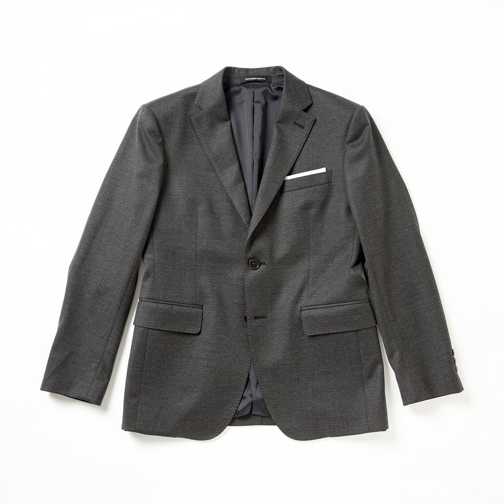 Flat-lay of a charcoal wool blazer