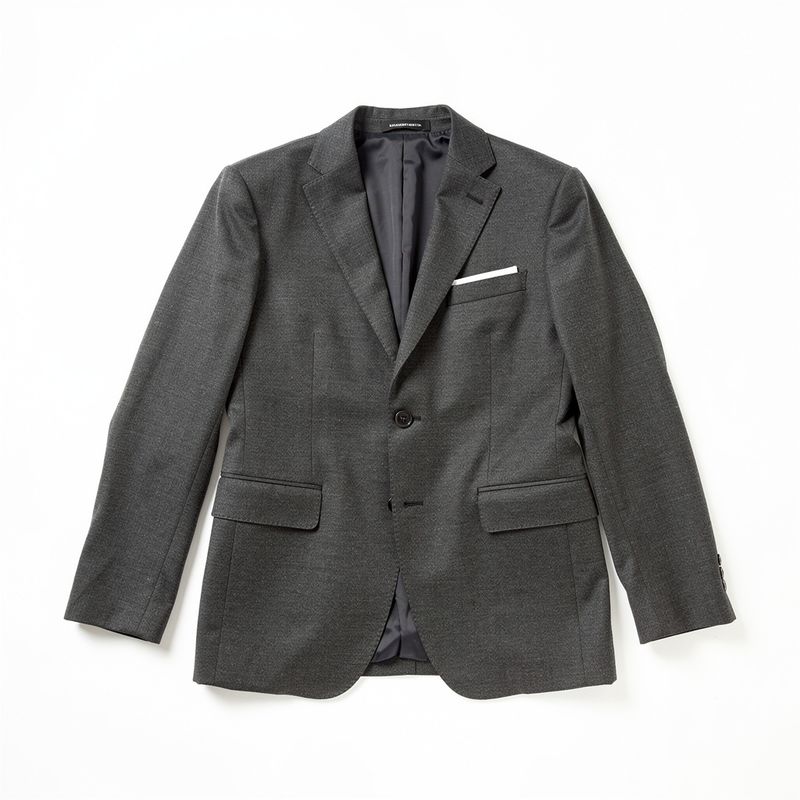Flat-lay of a charcoal wool blazer