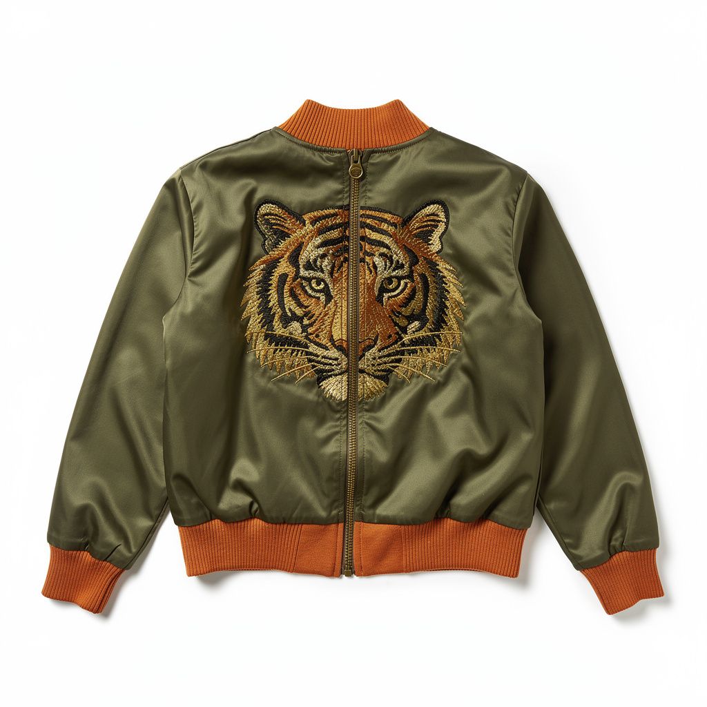 Flat-lay of an olive green satin bomber jacket with an embroidered tiger