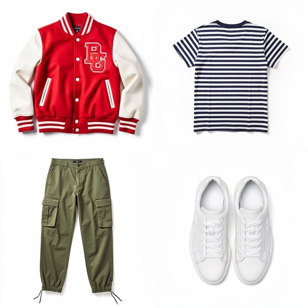 A 2 × 2 grid showing a red varsity jacket, striped t-shirt, cargo pants, and white sneakers