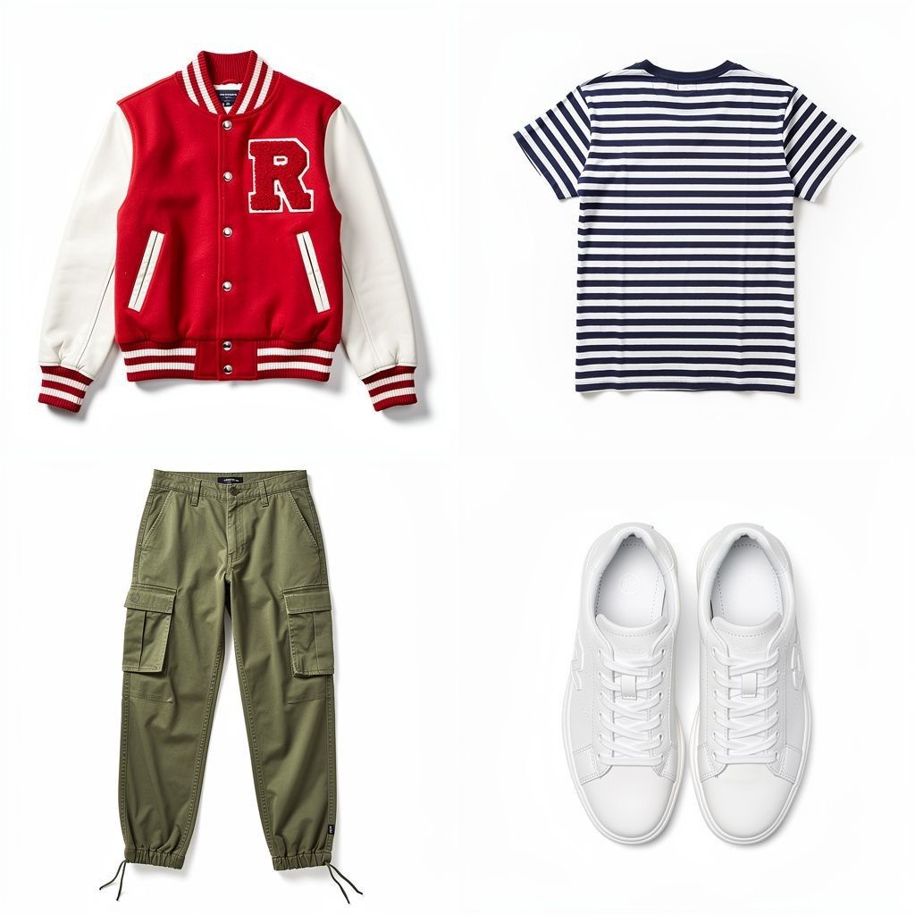 A 2 × 2 grid showing a red varsity jacket, striped t-shirt, cargo pants, and white sneakers