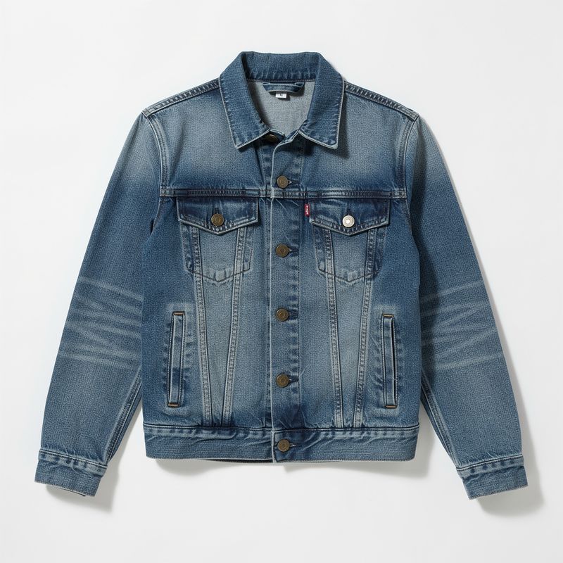 Flat-lay of a blue denim jacket