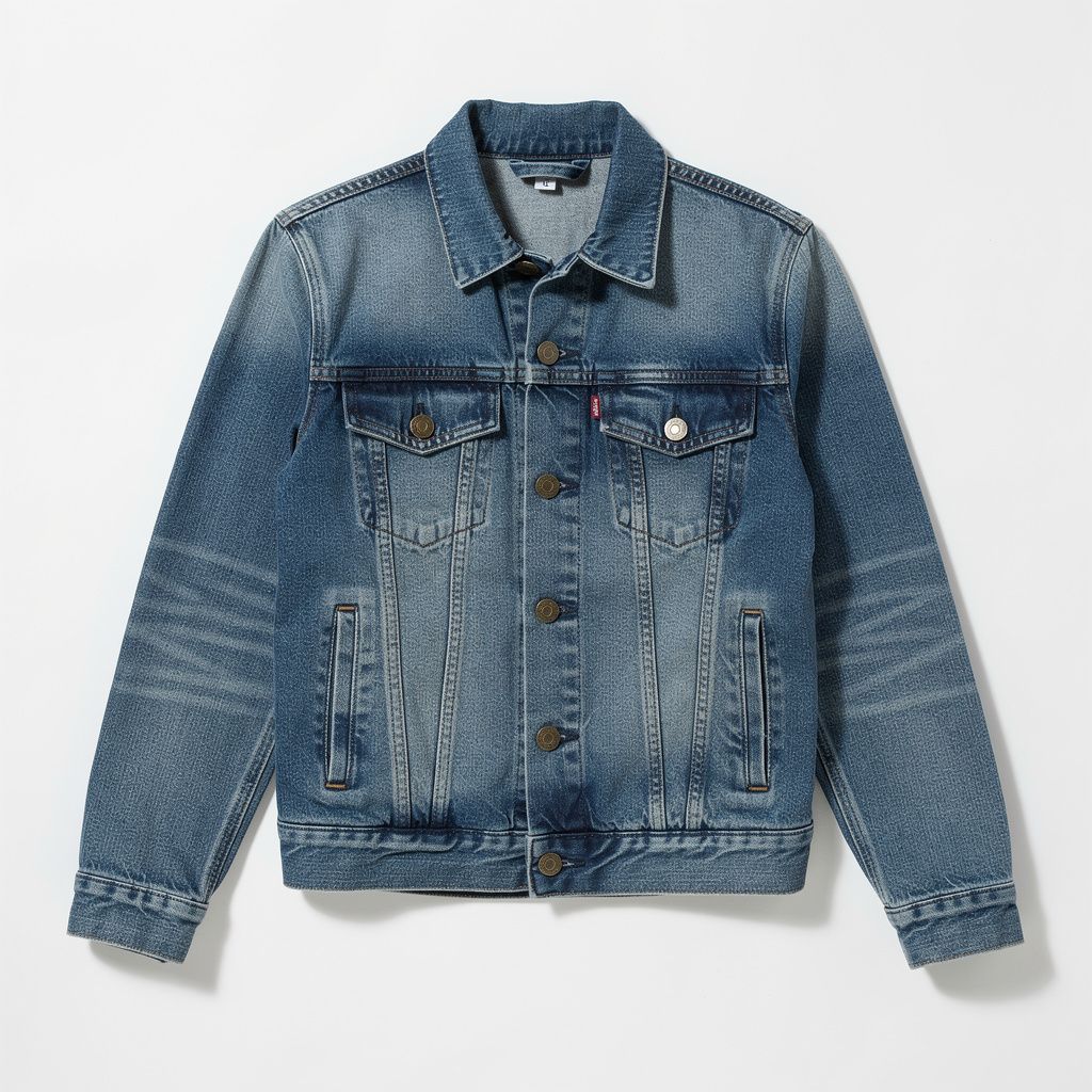 Flat-lay of a blue denim jacket