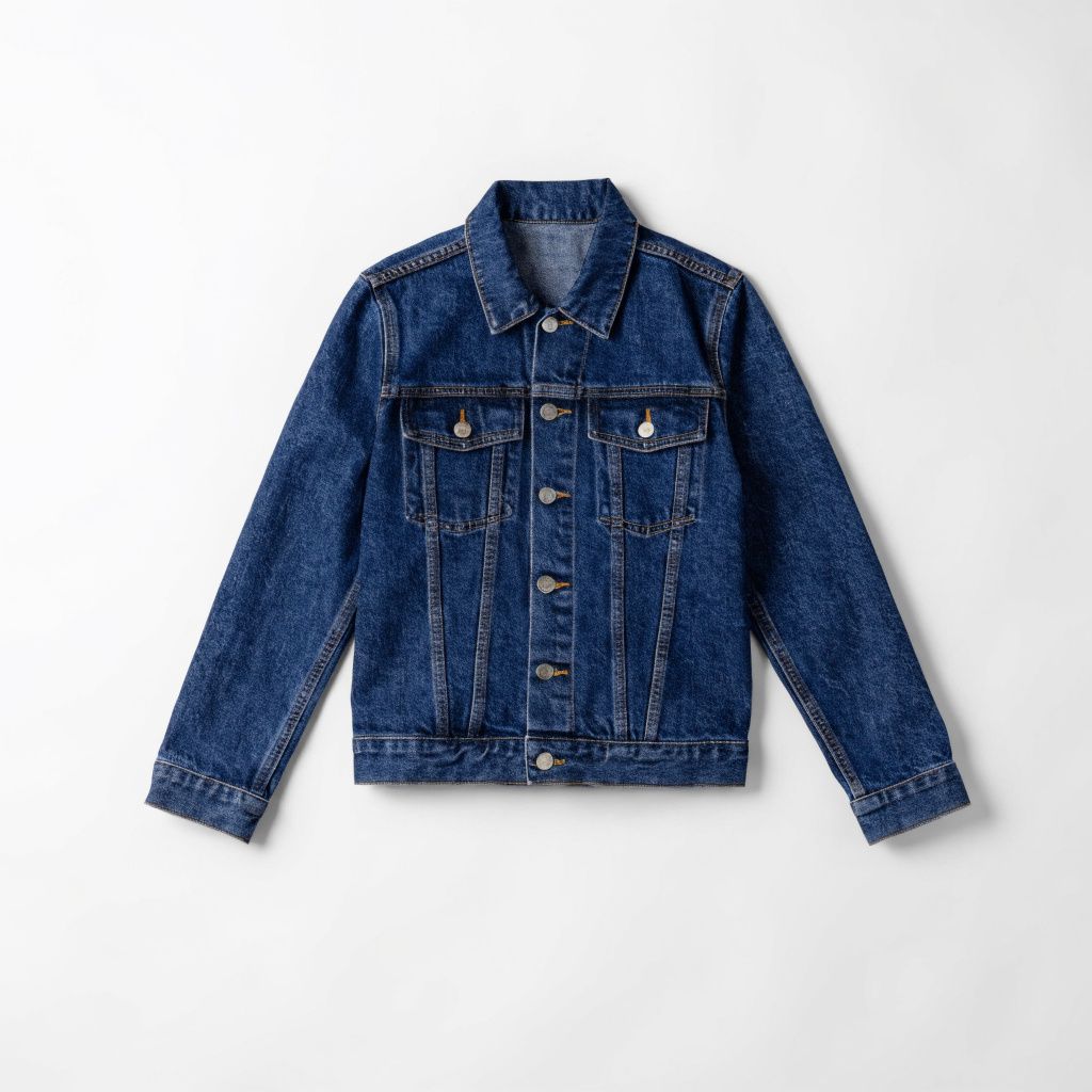 Flat-lay of the blue denim trucker jacket