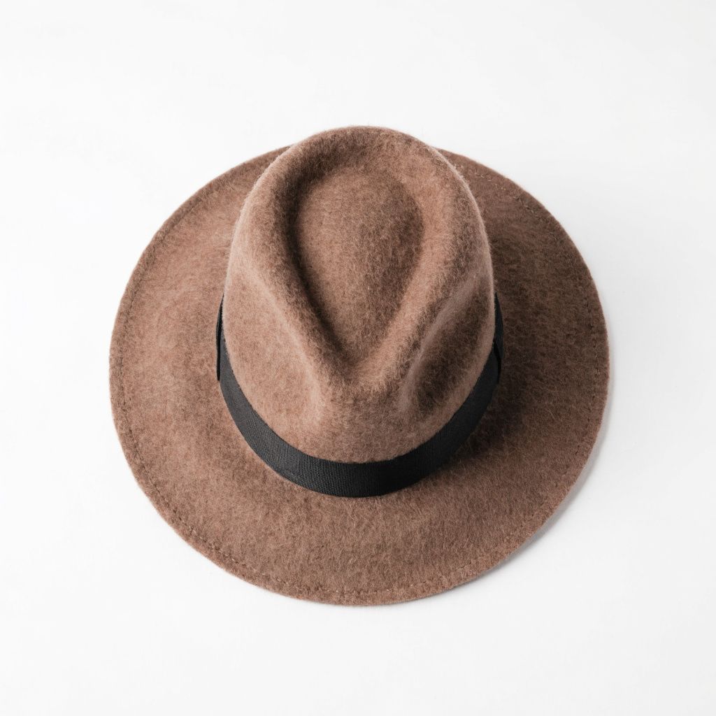 A brown felt fedora with a black band