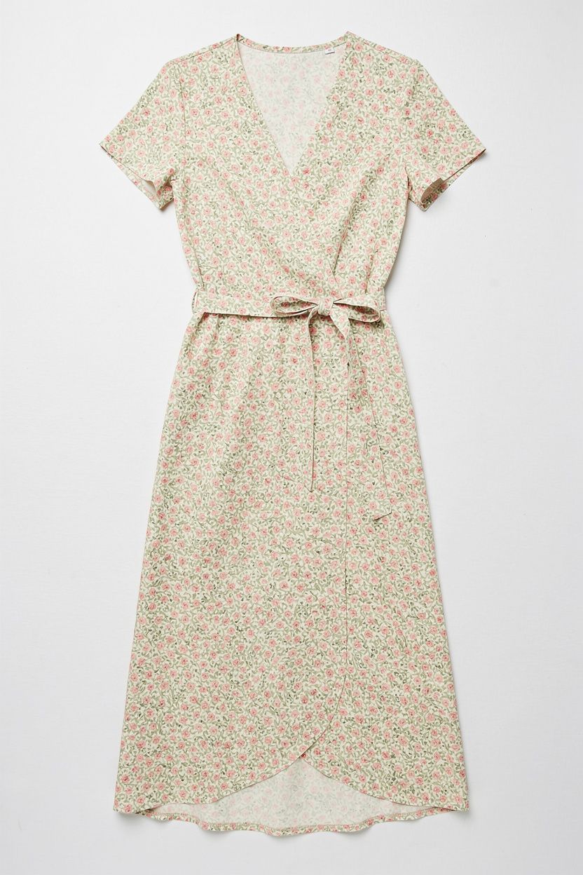 Flat-lay of a midi-length floral wrap dress with small pink and green flowers on a cream background
