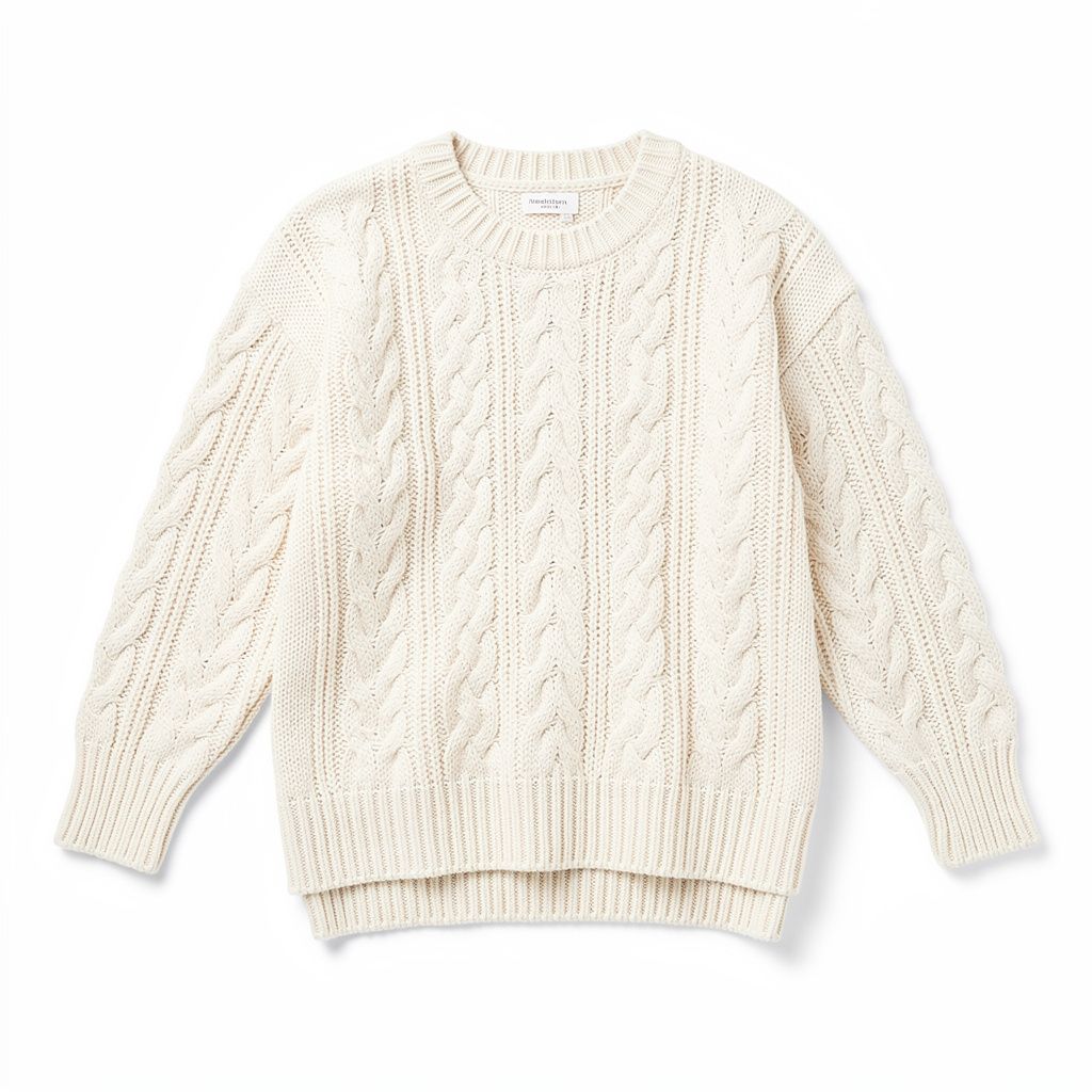 Flat-lay of a cream cable-knit sweater