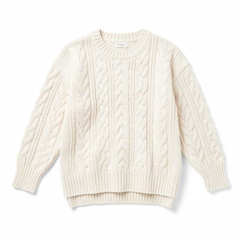 Flat-lay of a cream cable-knit sweater