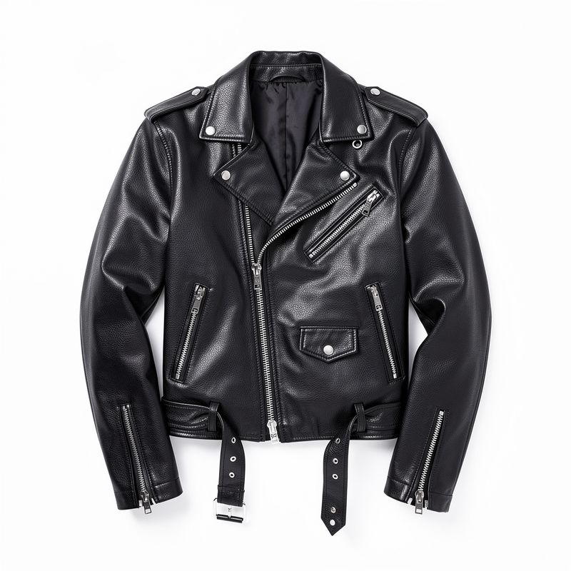 Flat-lay of a black leather biker jacket