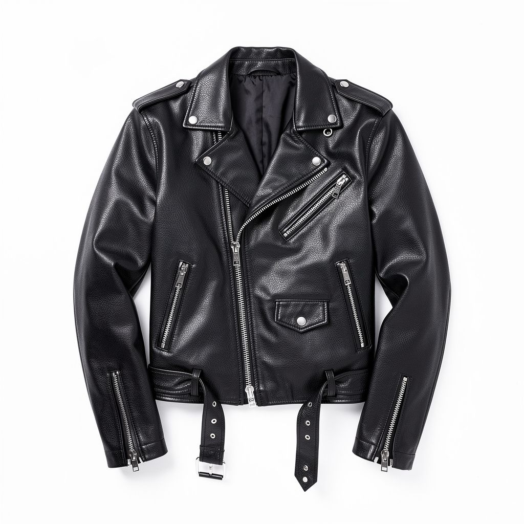 Flat-lay of a black leather biker jacket