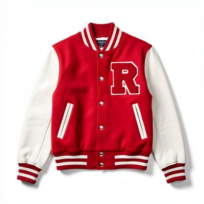 Red varsity jacket with white leather sleeves