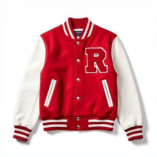 Red varsity jacket with white leather sleeves