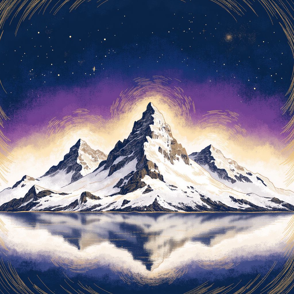 A mountain range with three snow-capped peaks viewed from a distance, rendered in Stellar cosmic illustration style
