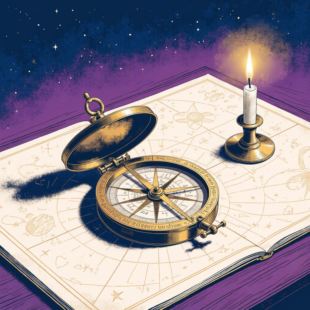 A vintage brass compass on an open star chart with warm candlelight, rendered in Stellar cosmic illustration style