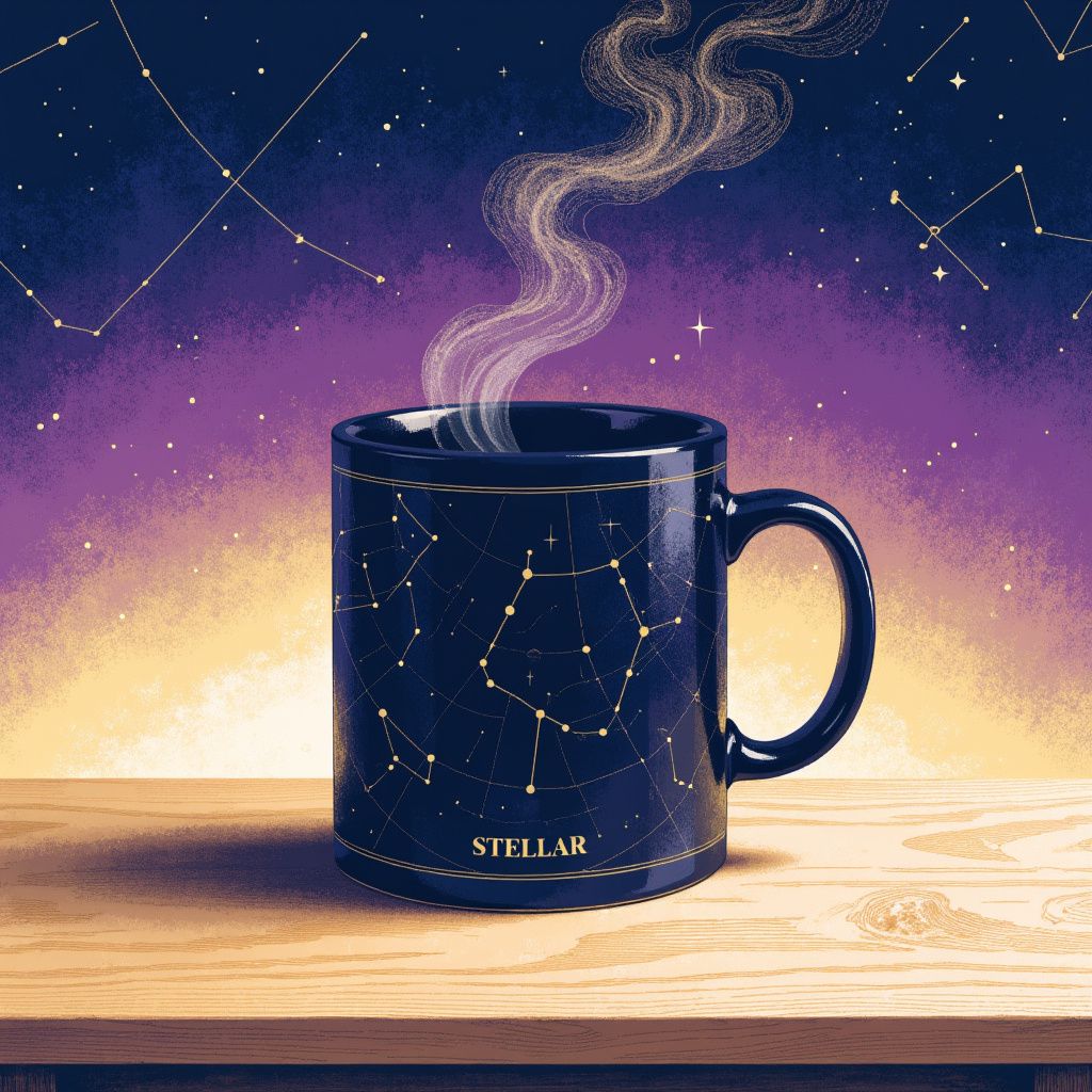 A dark navy ceramic mug printed with a gold constellation map and the STELLAR wordmark, rendered in Stellar cosmic illustration style