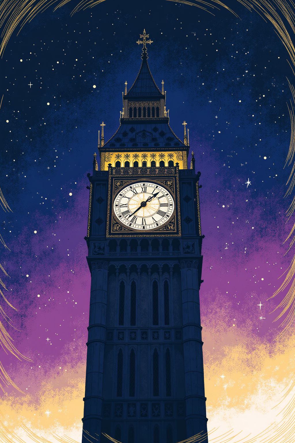A tall Victorian clock tower rising against a deep starry sky, rendered in Stellar cosmic illustration style