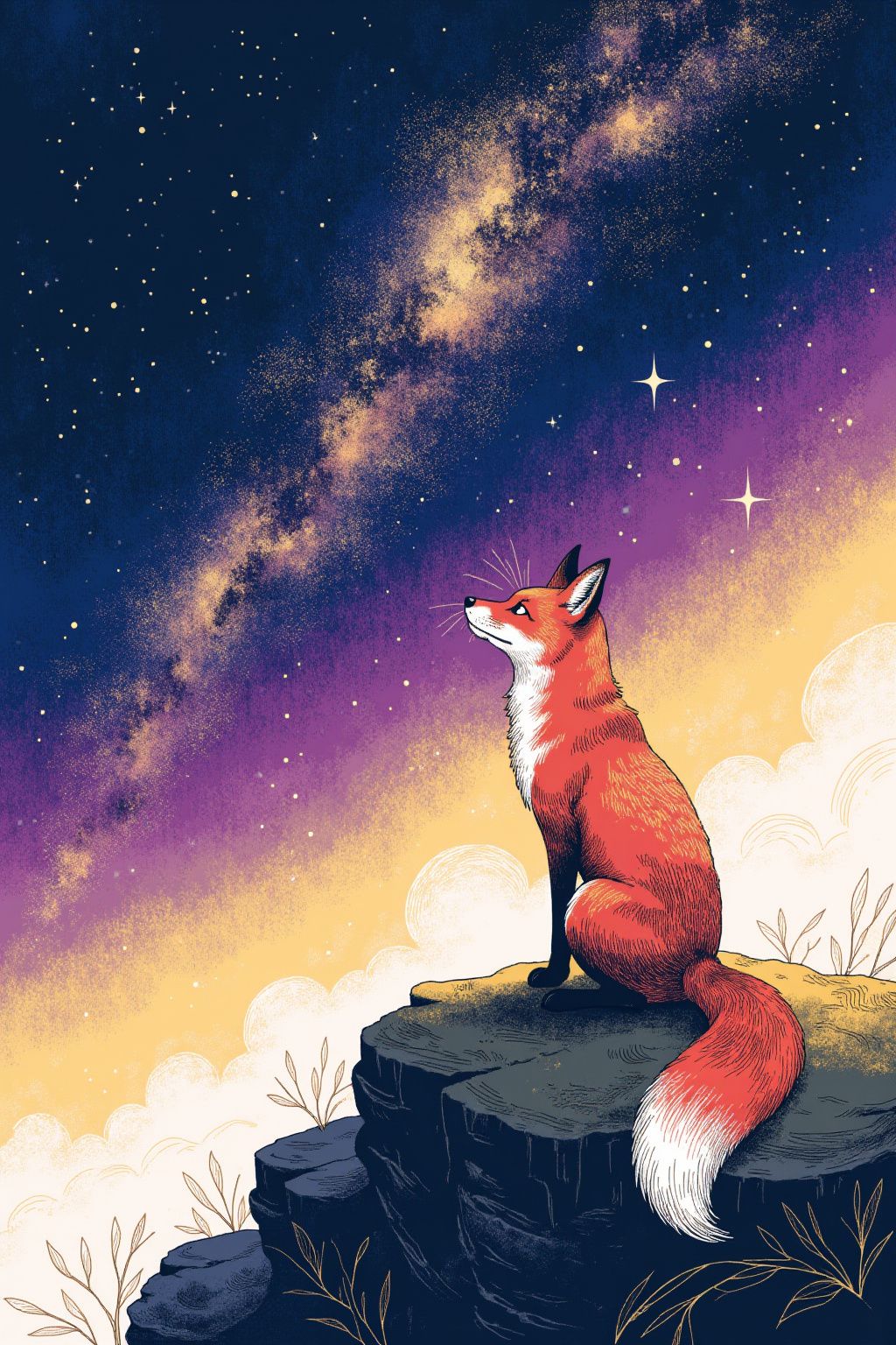 A red fox sitting on a mossy rock at dusk gazing up at aurora streaks, rendered in Stellar cosmic illustration style