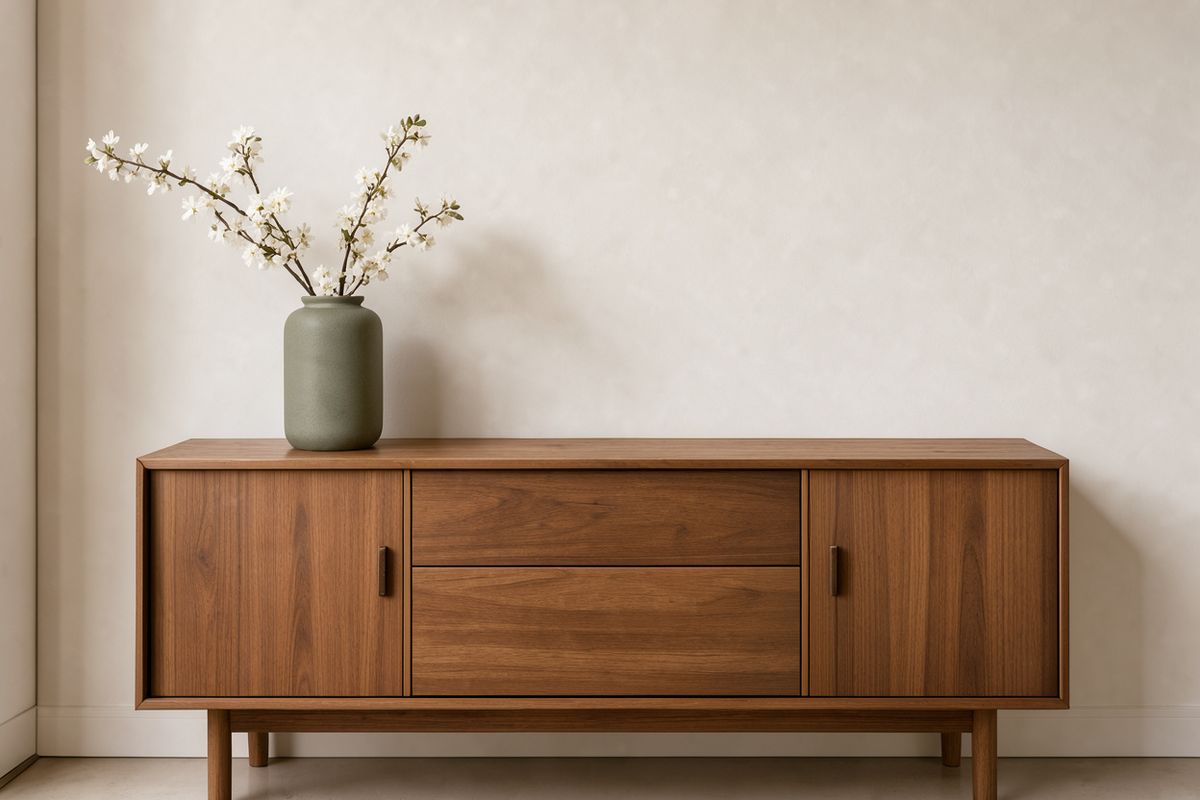 A sage ceramic vase with white blossom branches standing at the left end of a walnut sideboard against a plaster wall