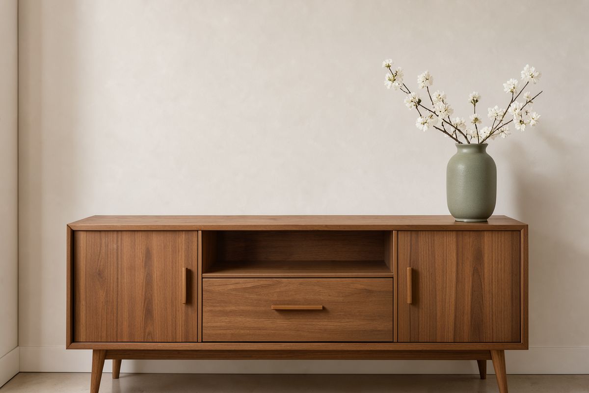 The same sage vase with white blossom now standing at the right end of the walnut sideboard