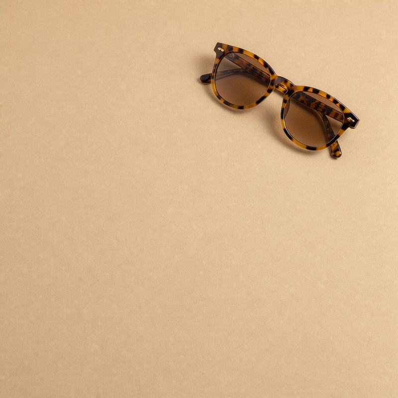 A pair of tortoiseshell sunglasses lying flat in the upper right of a sand-colored field, wider than they are tall