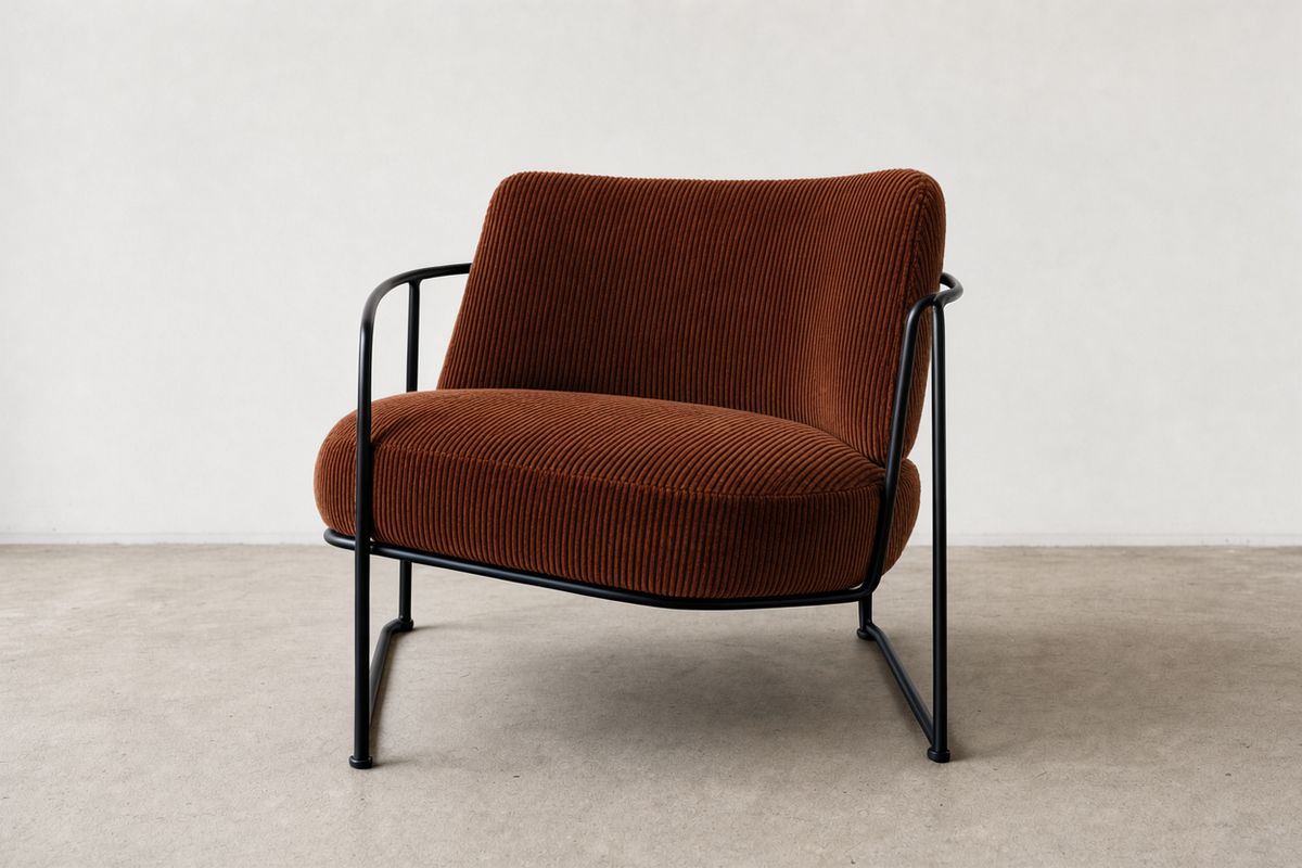 The same chair now upholstered in deep rust corduroy, with the black steel frame and shadow unchanged