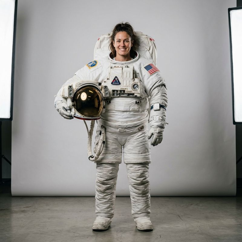 A studio photo of an astronaut in a white spacesuit holding a helmet, on a plain background