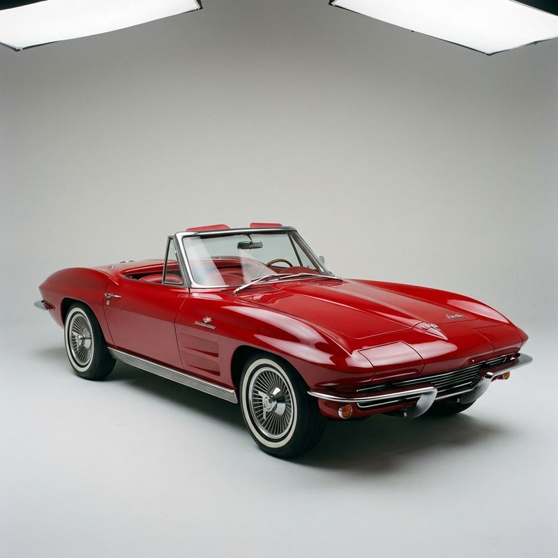 A studio product photo of a glossy cherry-red 1960s convertible on a plain background