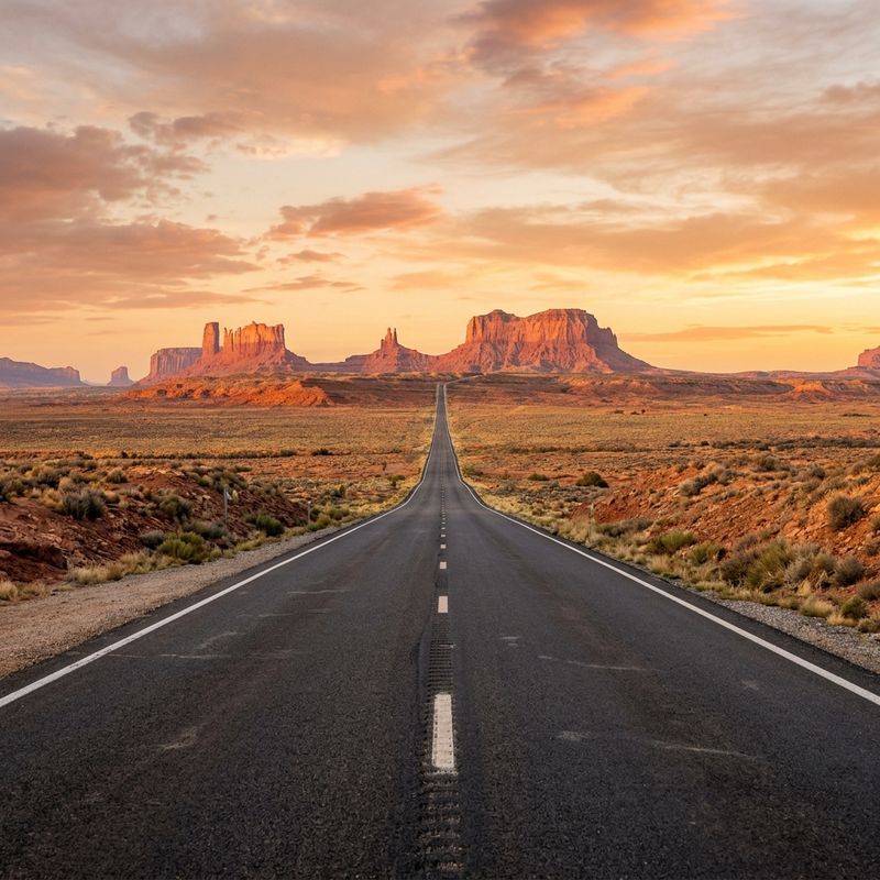 An empty desert highway running toward red mesas at sunset