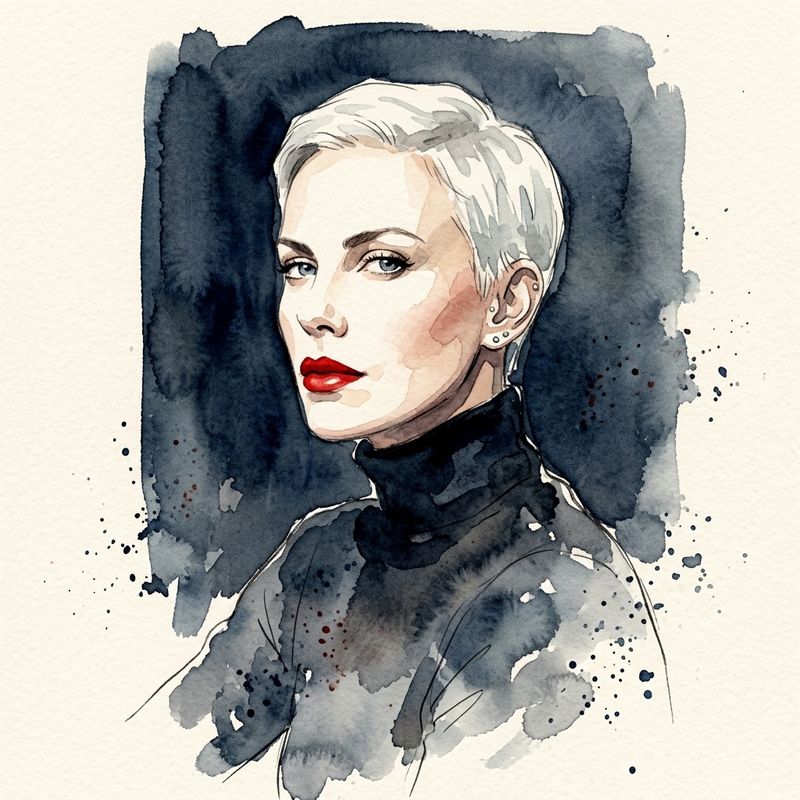 A watercolor fashion illustration of the same woman with a platinum crop and red lipstick