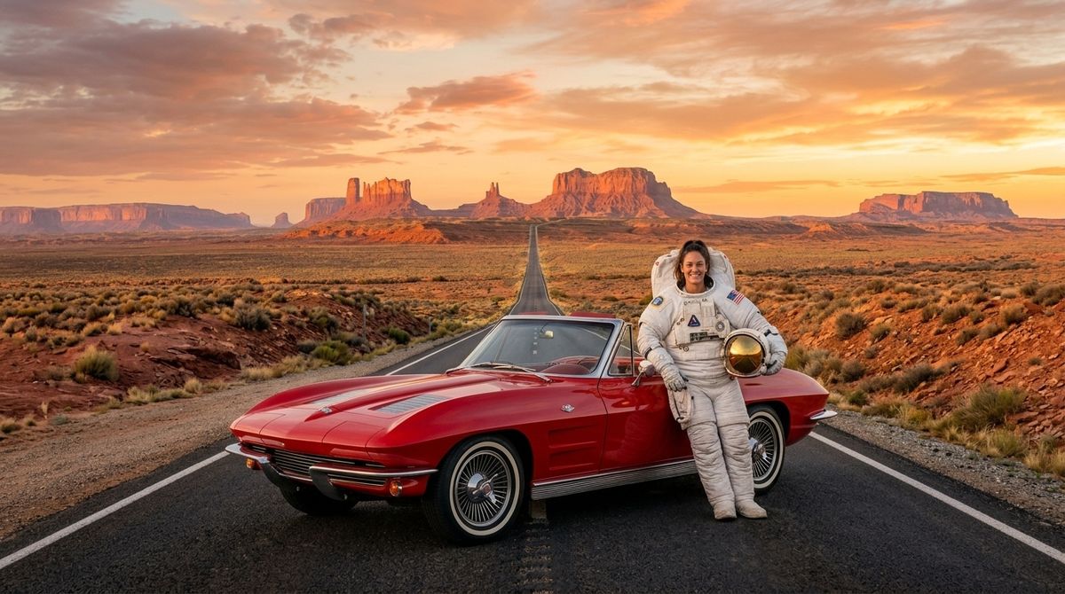 An astronaut leaning against a cherry-red convertible parked on an empty desert highway at sunset
