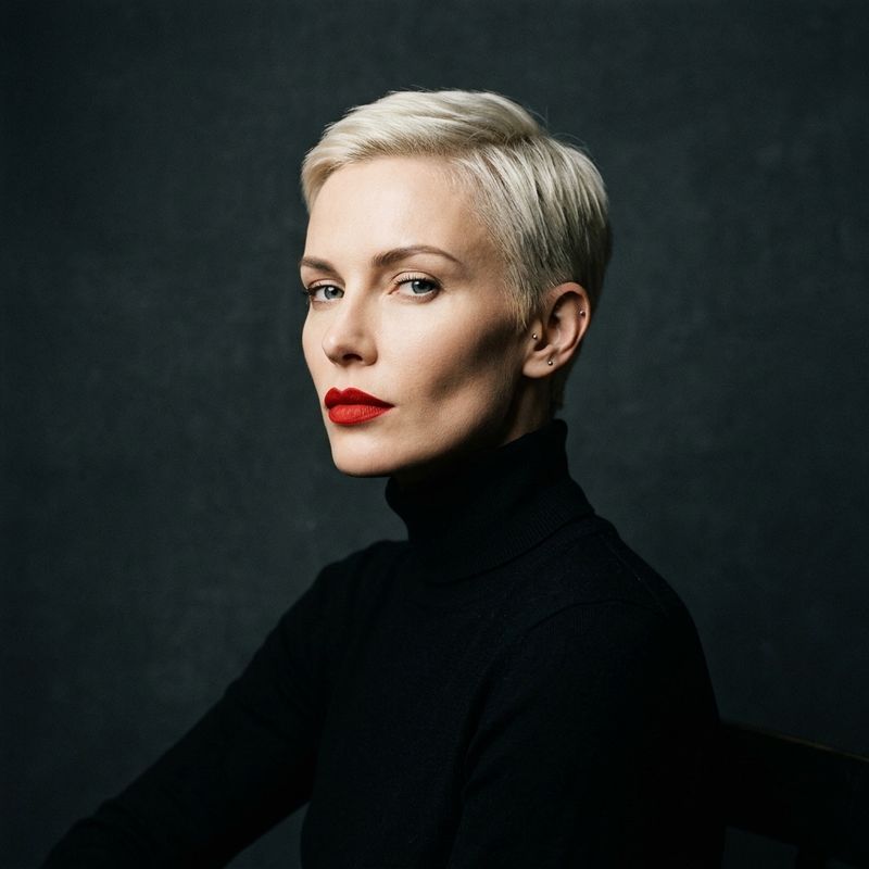 A high-contrast studio portrait of a woman with a closely cropped platinum-blonde haircut and bold red lipstick in a black turtleneck